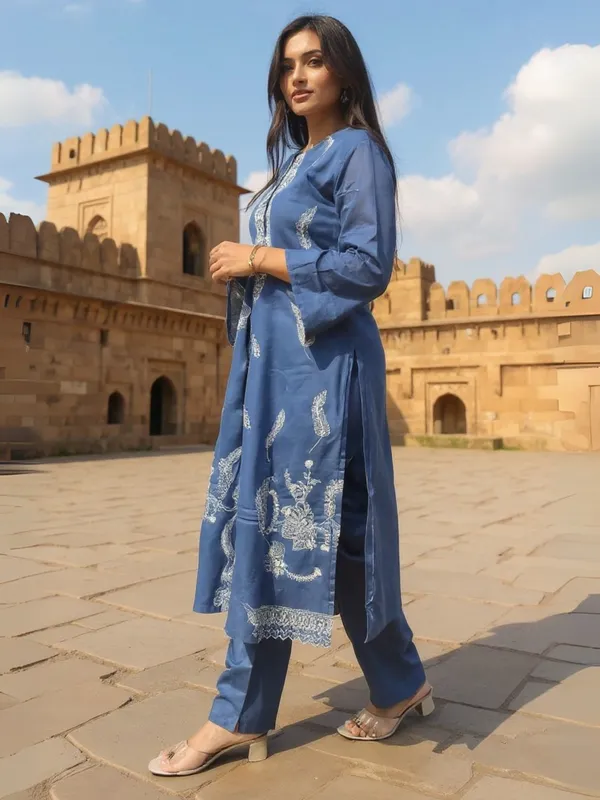Blue_Embroidered_Pure_Cotton_Kurta_Trouser_Dupatta_Set