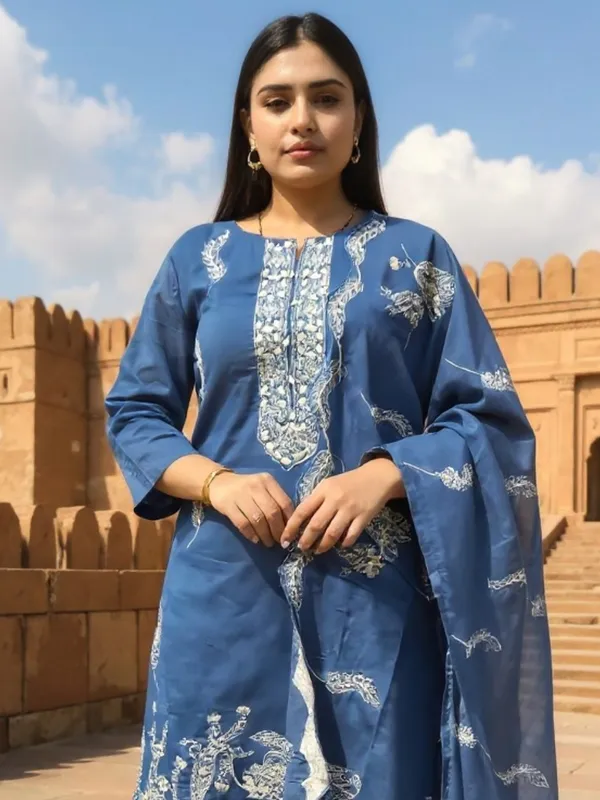 Blue_Embroidered_Pure_Cotton_Kurta_Trouser_Dupatta_Set