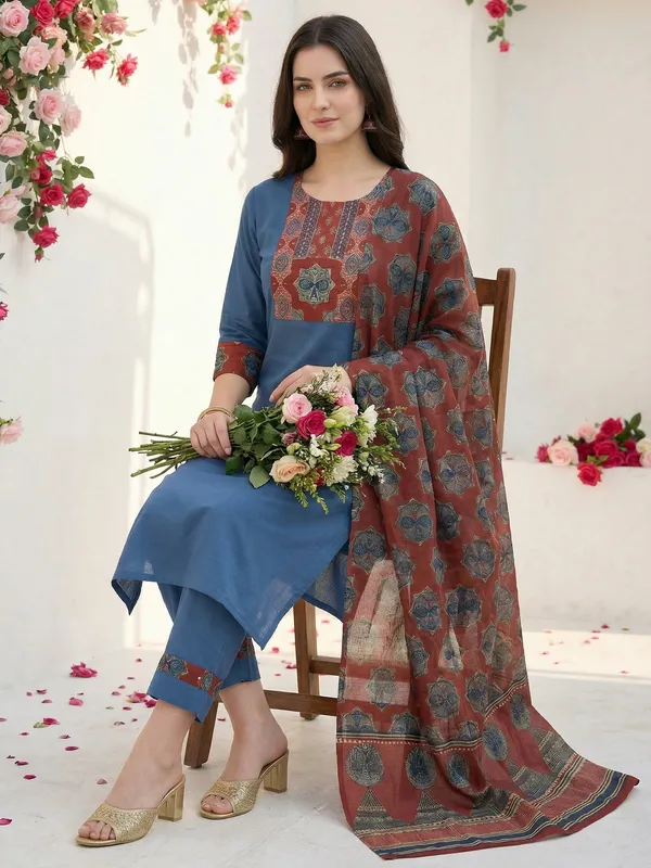 Blue_Pure_Cotton_Printed_Kurta_Trouser_Dupatta_Set