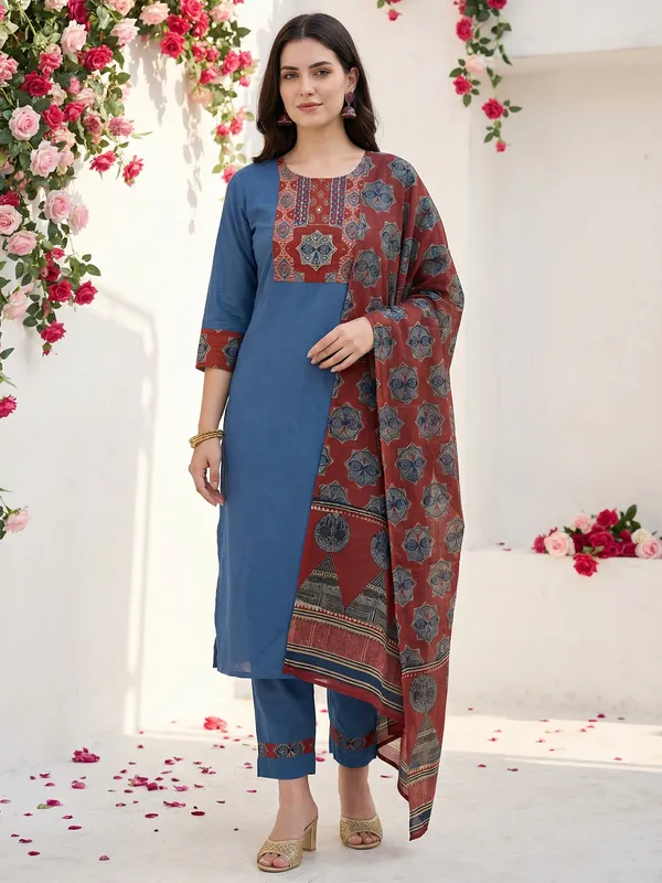 Blue_Pure_Cotton_Printed_Kurta_Trouser_Dupatta_Set