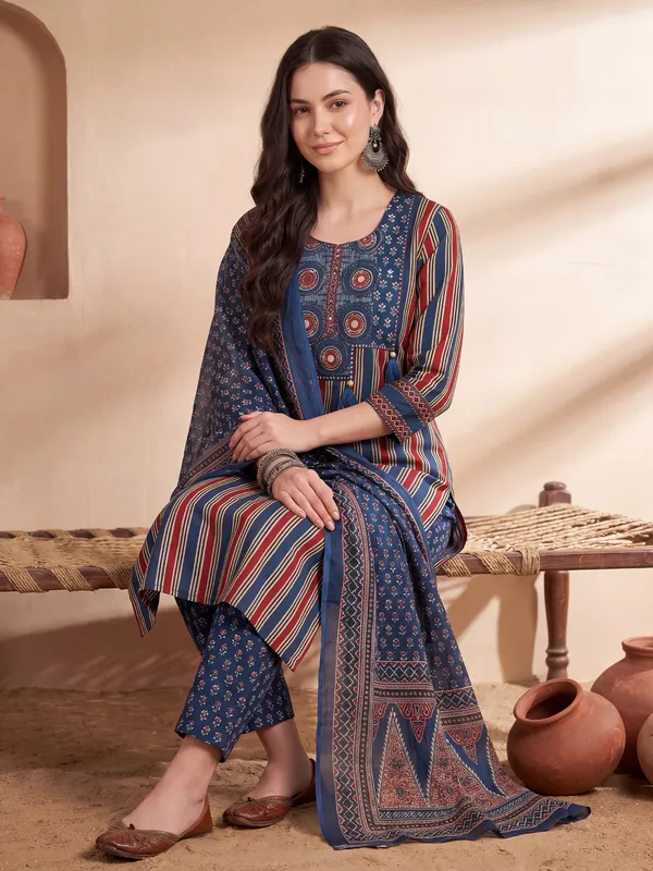 Blue_Printed_Pure_Cotton_Kurta_Trouser_Dupatta_Set