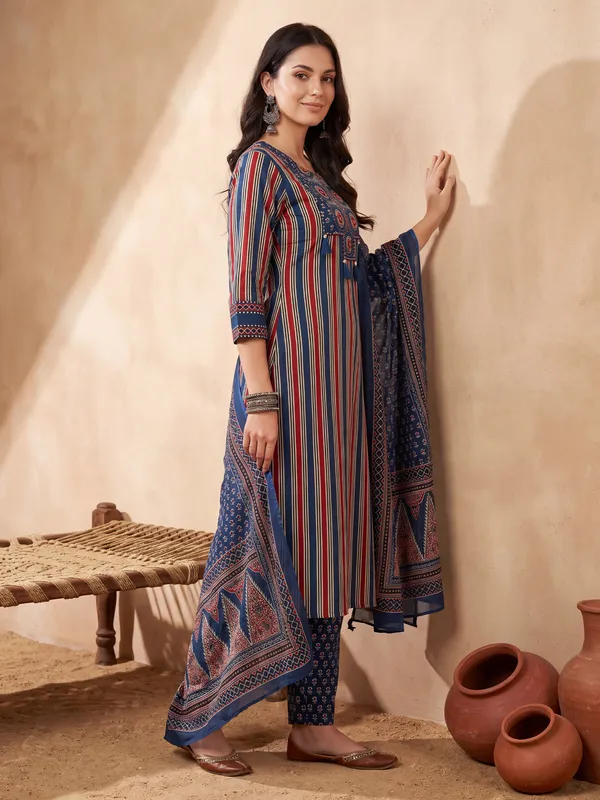 Blue_Printed_Pure_Cotton_Kurta_Trouser_Dupatta_Set