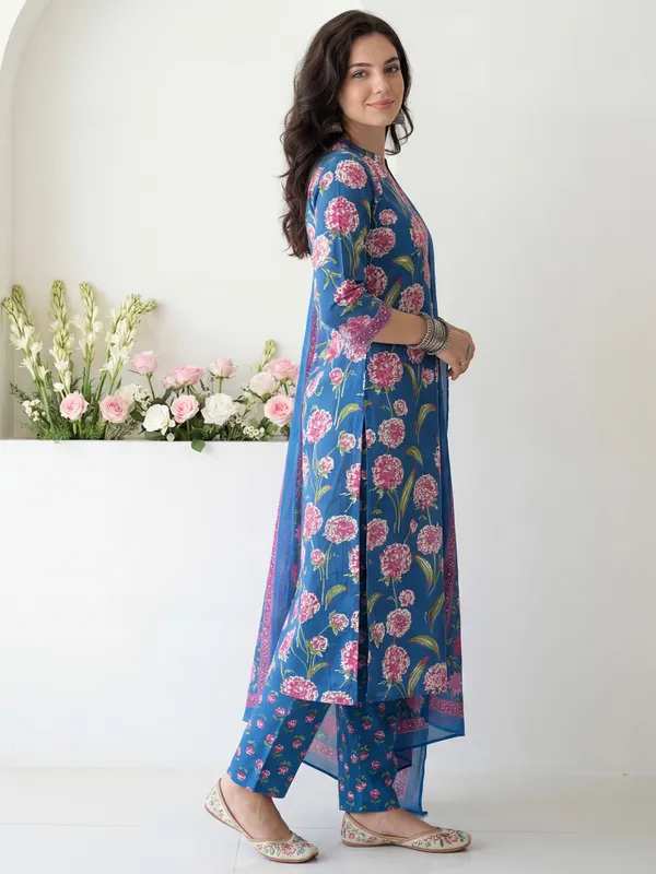 Blue_Printed_Pure_Cotton_Kurta_Trouser_Dupatta_Set