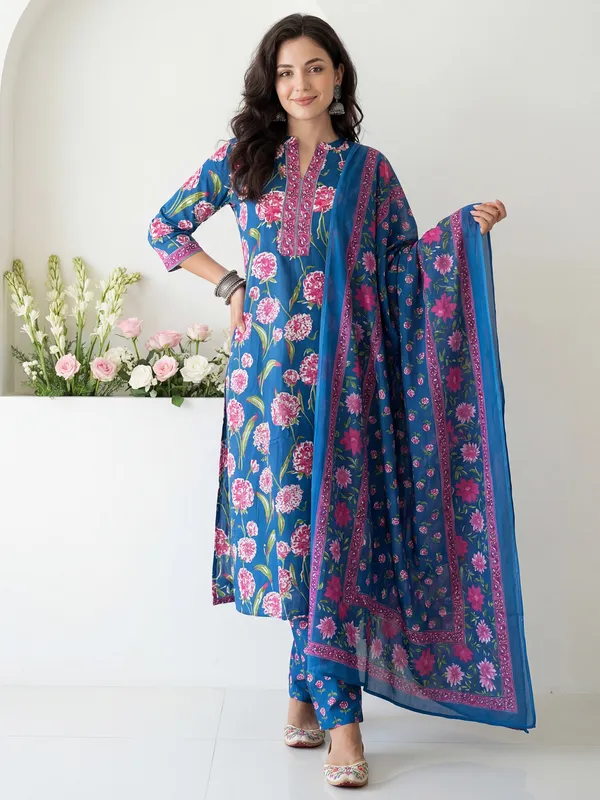 Blue_Printed_Pure_Cotton_Kurta_Trouser_Dupatta_Set