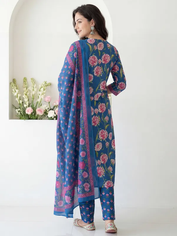 Blue_Printed_Pure_Cotton_Kurta_Trouser_Dupatta_Set