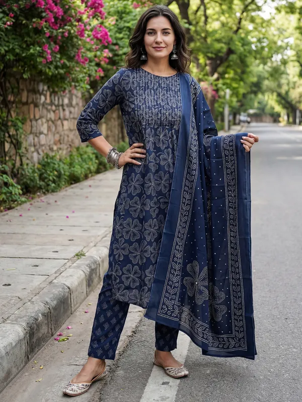 Blue_Printed_Pure_Cotton_Kurta_Trouser_Dupatta_Set