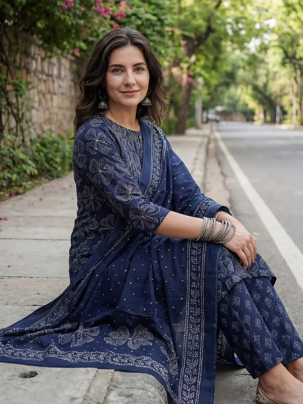 Blue_Printed_Pure_Cotton_Kurta_Trouser_Dupatta_Set