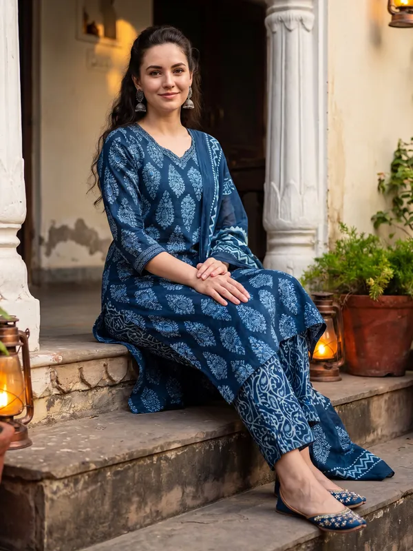Blue_Printed_Pure_Cotton_Kurta_Trouser_Dupatta_Set