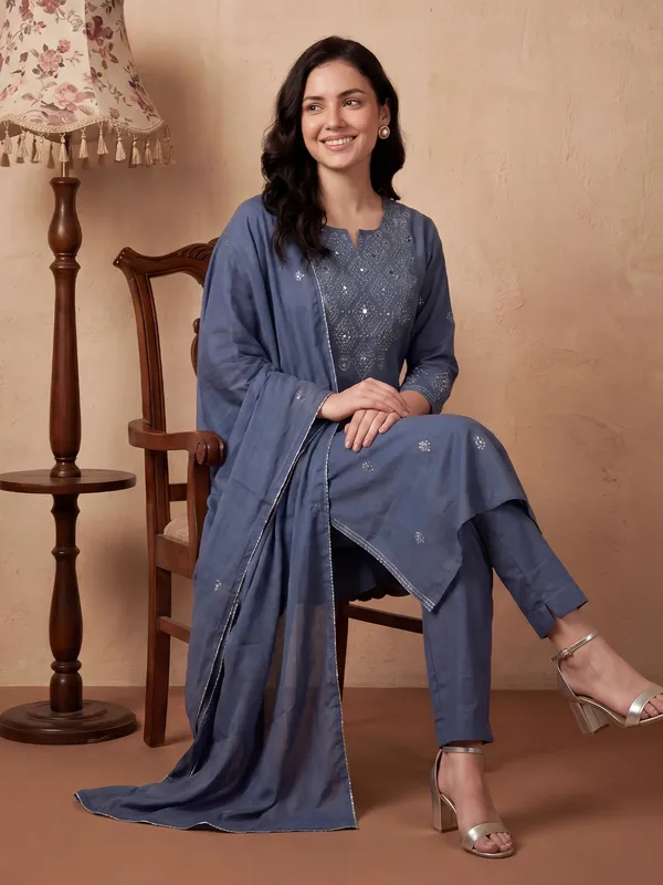 Blue_Embroidered_Pure_Cotton_Kurta_Trouser_Dupatta_Set