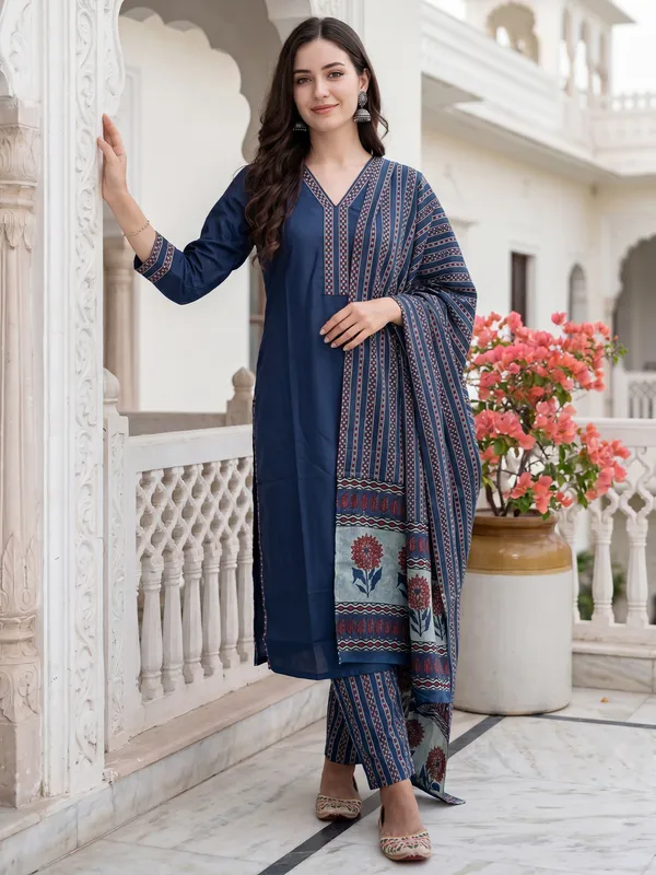 Blue_Printed_Pure_Cotton_Kurta_Trouser_Dupatta_Set