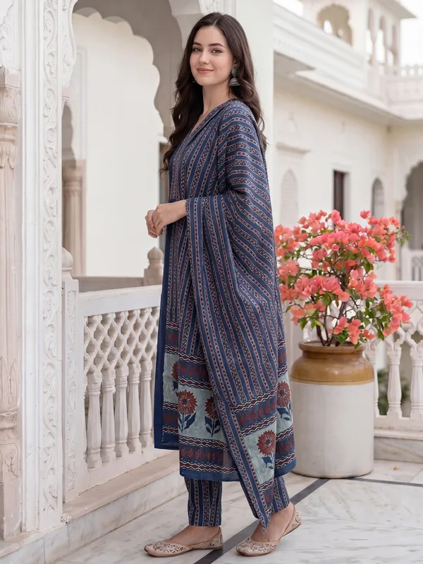 Blue_Printed_Pure_Cotton_Kurta_Trouser_Dupatta_Set