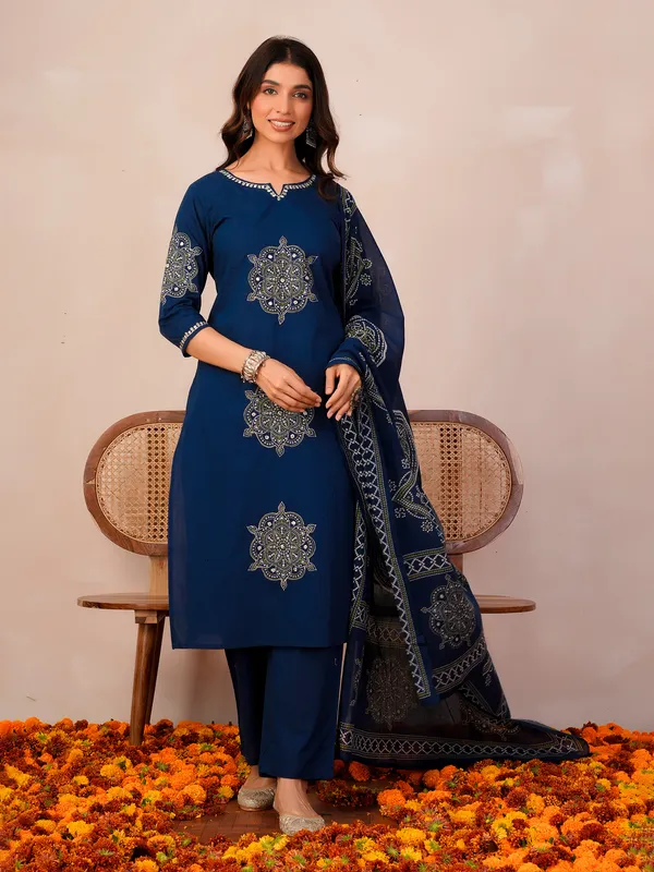Blue_Printed_Pure_Cotton_Kurta_Trouser_Dupatta_Set
