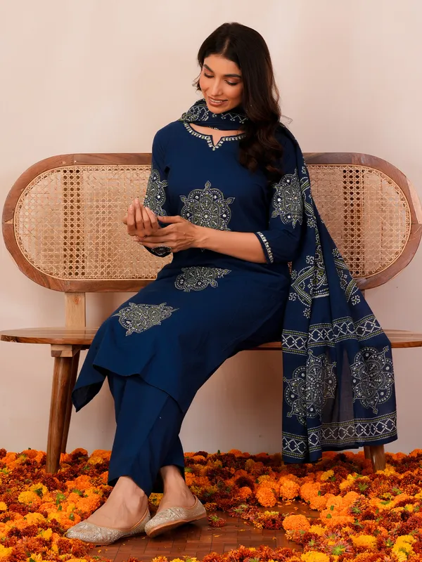 Blue_Printed_Pure_Cotton_Kurta_Trouser_Dupatta_Set
