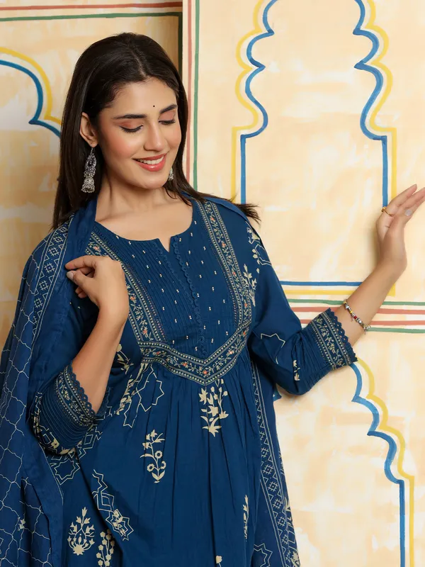 Blue_Printed_Pure_Cotton_Kurta_Trouser_Dupatta_Set