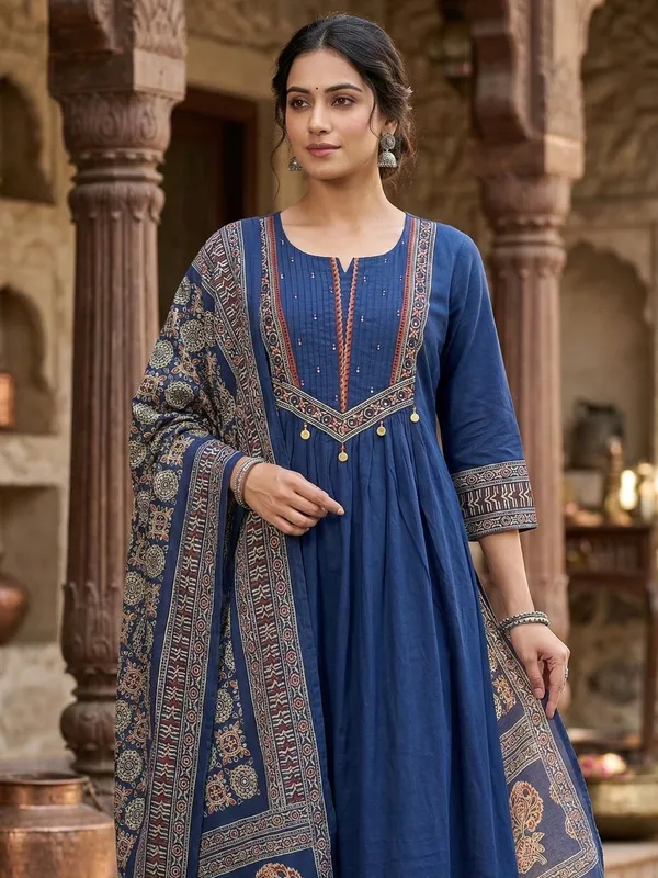 Blue_Printed_Pure_Cotton_Kurta_Trouser_Dupatta_Set