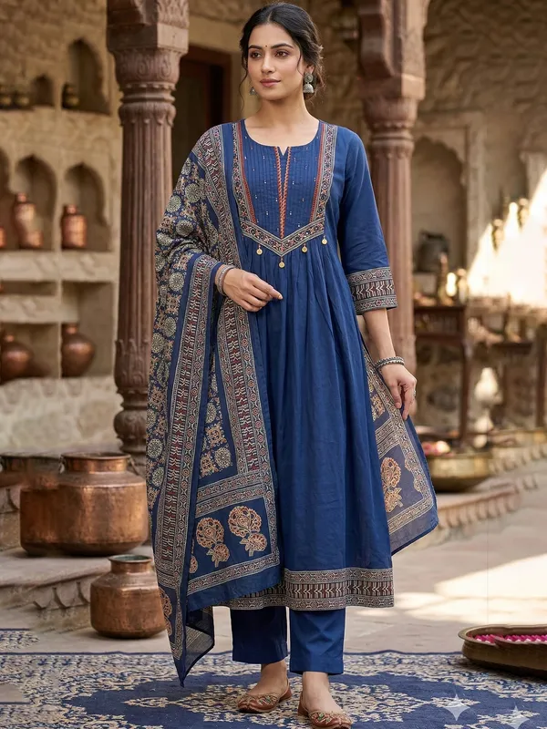 Blue_Printed_Pure_Cotton_Kurta_Trouser_Dupatta_Set