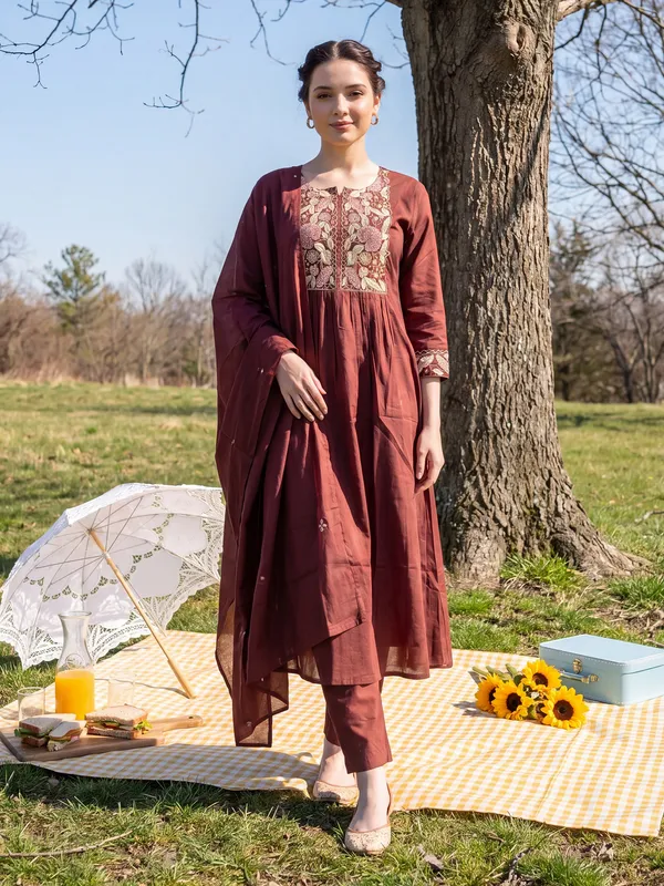Brown_Embroidered_Pure_Cotton_Kurta_Trouser_Dupatta_Set