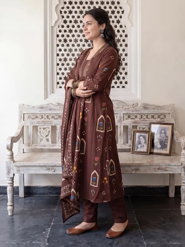 Brown_Printed_Pure_Cotton_Kurta_Trouser_Dupatta_Set