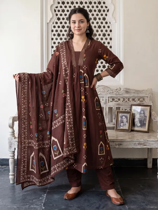 Brown_Printed_Pure_Cotton_Kurta_Trouser_Dupatta_Set
