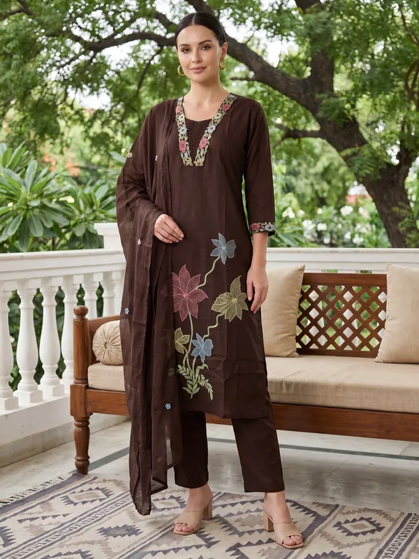 Brown_Embroidered_Pure_Cotton_Kurta_Trouser_Dupatta_Set