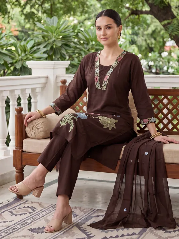 Brown_Embroidered_Pure_Cotton_Kurta_Trouser_Dupatta_Set