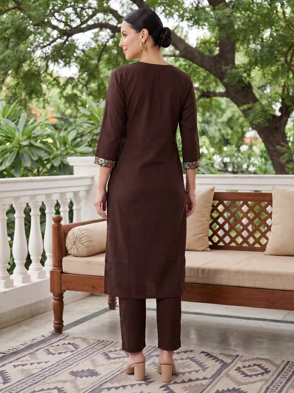 Brown_Embroidered_Pure_Cotton_Kurta_Trouser_Dupatta_Set