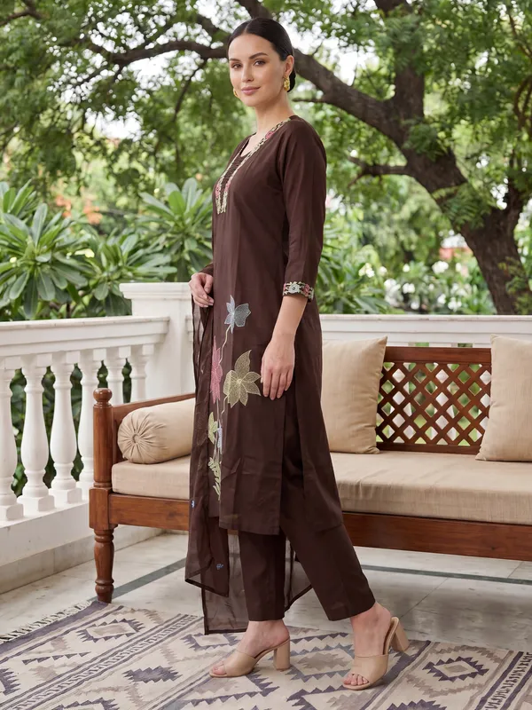 Brown_Embroidered_Pure_Cotton_Kurta_Trouser_Dupatta_Set