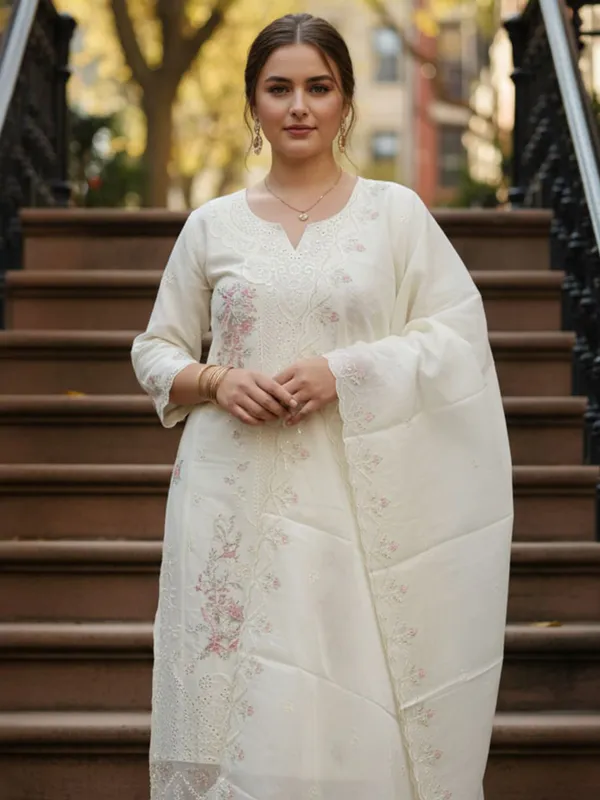 Cream_Embroidered_Pure_Cotton_Kurta_Trouser_Dupatta_Set