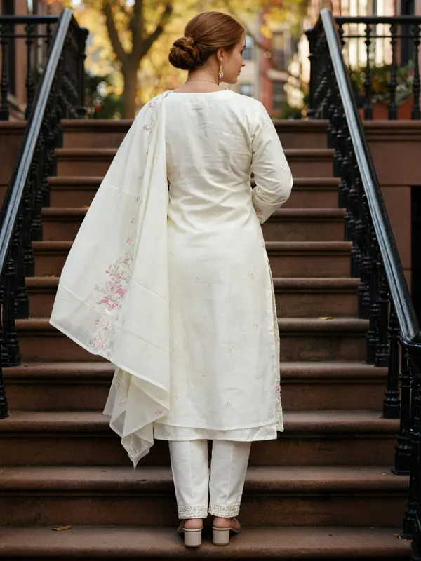 Cream_Embroidered_Pure_Cotton_Kurta_Trouser_Dupatta_Set