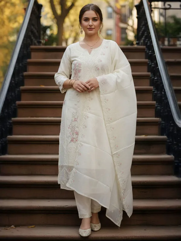 Cream_Embroidered_Pure_Cotton_Kurta_Trouser_Dupatta_Set