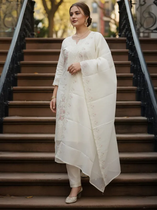 Cream_Embroidered_Pure_Cotton_Kurta_Trouser_Dupatta_Set