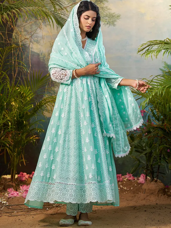 Green_Embroidered_Pure_Cotton_Kurta_Trouser_Dupatta_Set