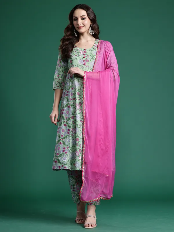 Green_Printed_Pure_Cotton_Kurta_Trouser_Dupatta_Set