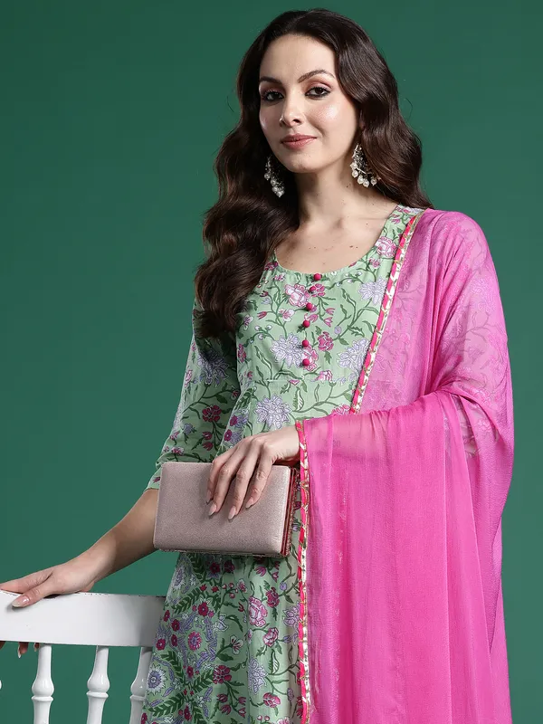 Green_Printed_Pure_Cotton_Kurta_Trouser_Dupatta_Set
