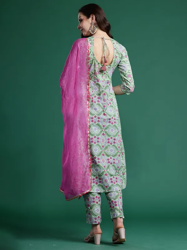 Green_Printed_Pure_Cotton_Kurta_Trouser_Dupatta_Set