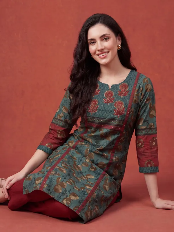 Green_Printed_Pure_Cotton_Kurta_Trouser_Dupatta_Set