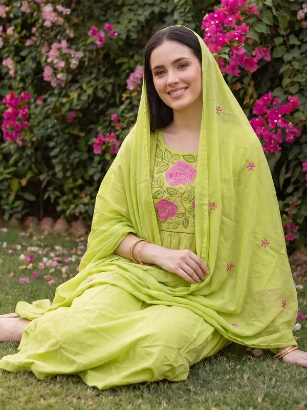 Green_Embroidered_Pure_Cotton_Kurta_Trouser_Dupatta_Set