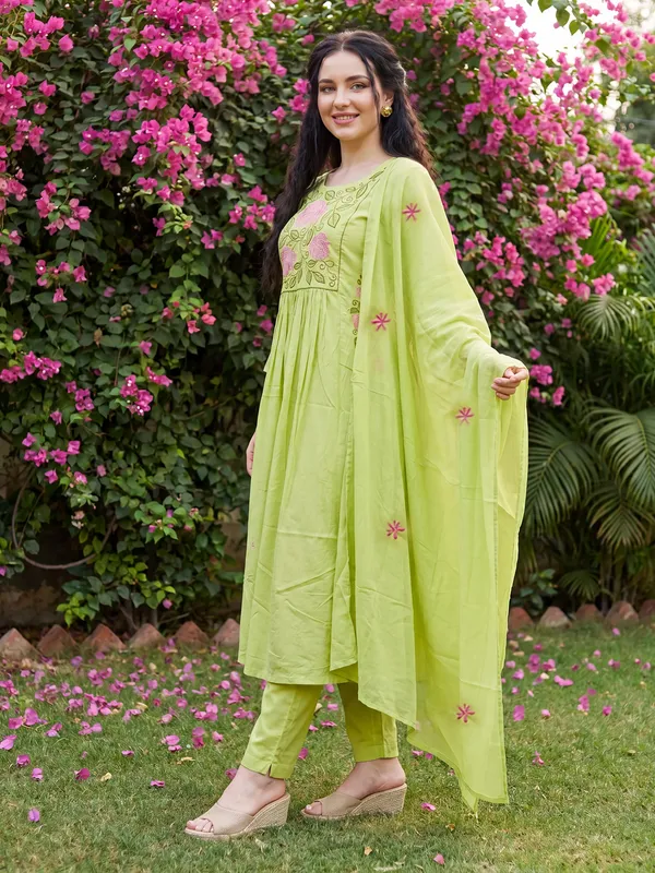 Green_Embroidered_Pure_Cotton_Kurta_Trouser_Dupatta_Set