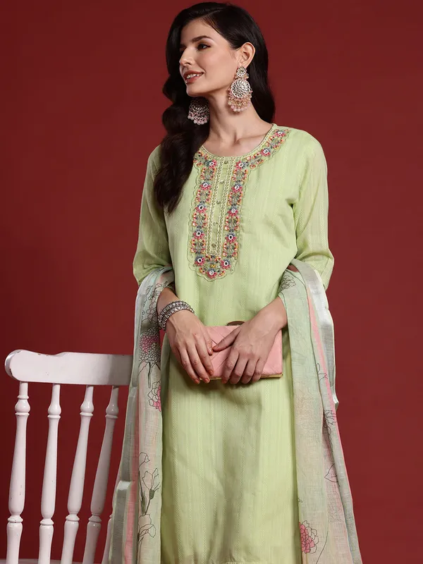 Green_Pure_Cotton_Embroidered_Kurta_Trouser_Dupatta_Set