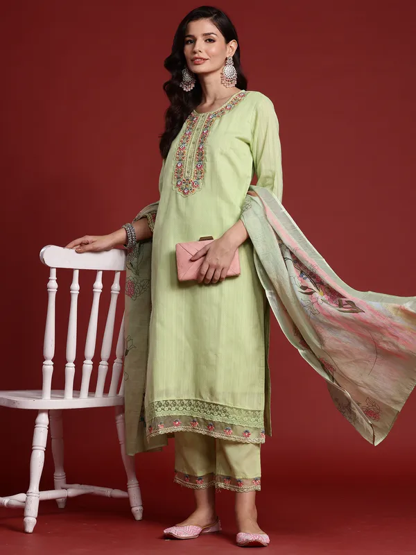 Green_Pure_Cotton_Embroidered_Kurta_Trouser_Dupatta_Set