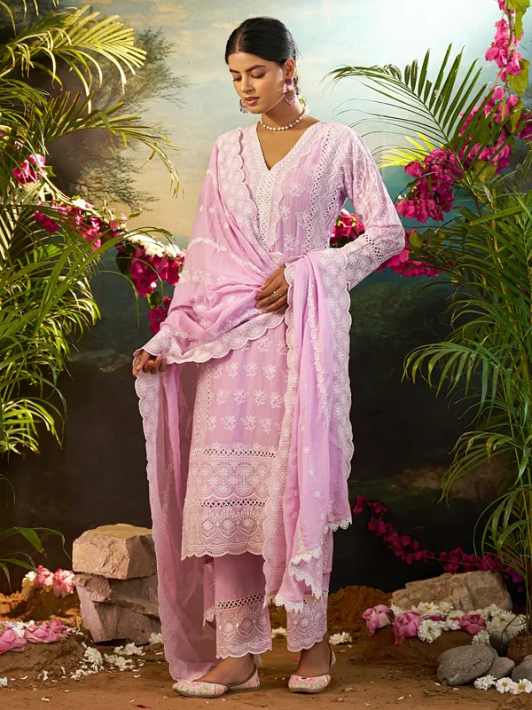 Lavender_Embroidered_Pure_Cotton_Kurta_Trouser_Dupatta_Set