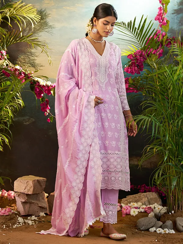 Lavender_Embroidered_Pure_Cotton_Kurta_Trouser_Dupatta_Set