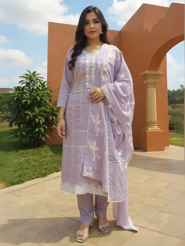Lavender_Embroidered_Pure_Cotton_Kurta_Trouser_Dupatta_Set