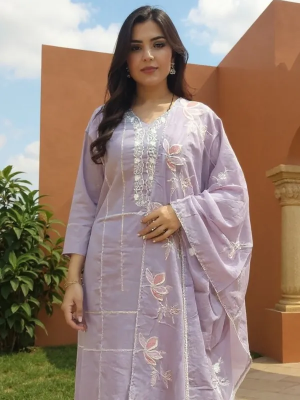 Lavender_Embroidered_Pure_Cotton_Kurta_Trouser_Dupatta_Set