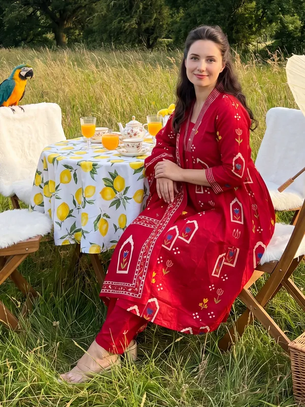 Maroon_Printed_Pure_Cotton_Kurta_Trouser_Dupatta_Set