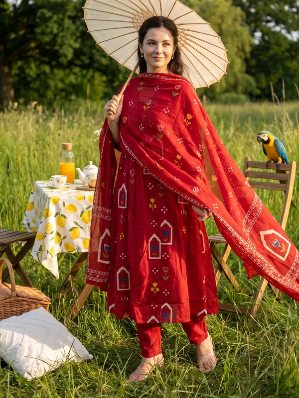 Maroon_Printed_Pure_Cotton_Kurta_Trouser_Dupatta_Set
