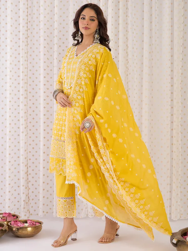Mustard_Embroidered_Pure_Cotton_Kurta_Trouser_Dupatta_Set