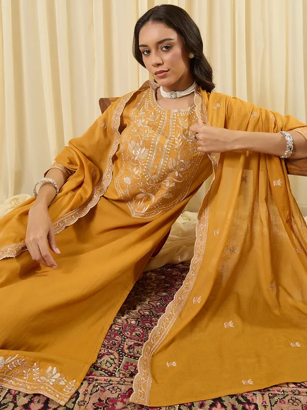 Mustard_Embroidered_Pure_Cotton_Kurta_Trouser_Dupatta_Set