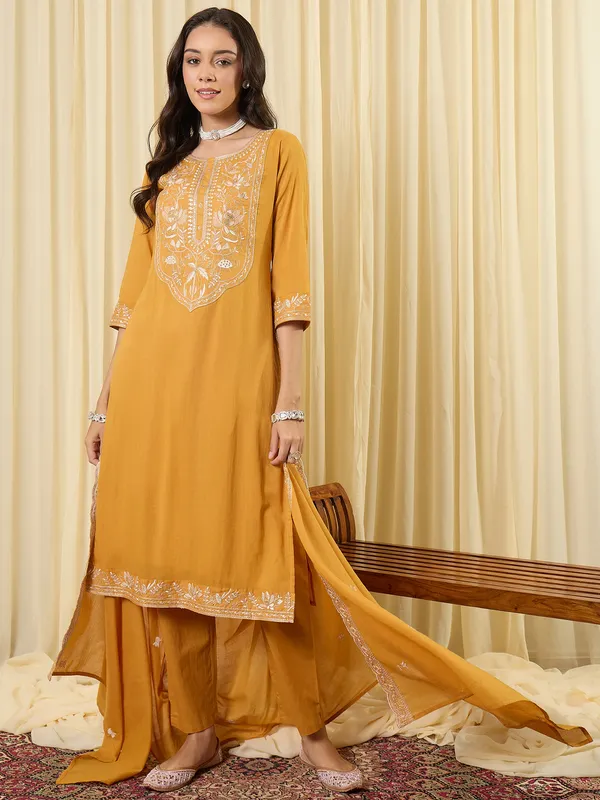 Mustard_Embroidered_Pure_Cotton_Kurta_Trouser_Dupatta_Set
