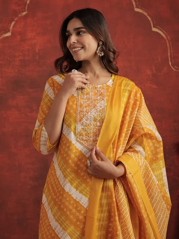 Mustard_Printed_Pure_Cotton_Kurta_Trouser_Dupatta_Set